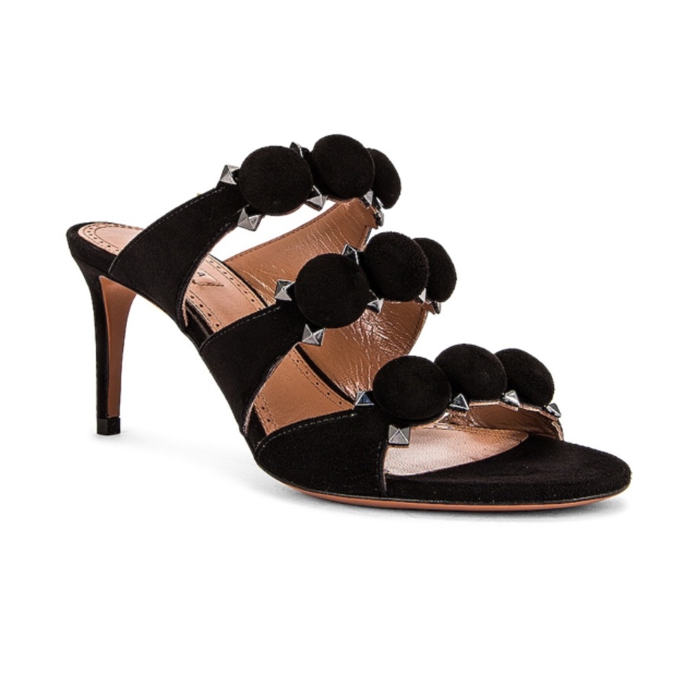 Alaïa Black Suede Pom Pom Heeled Sandals